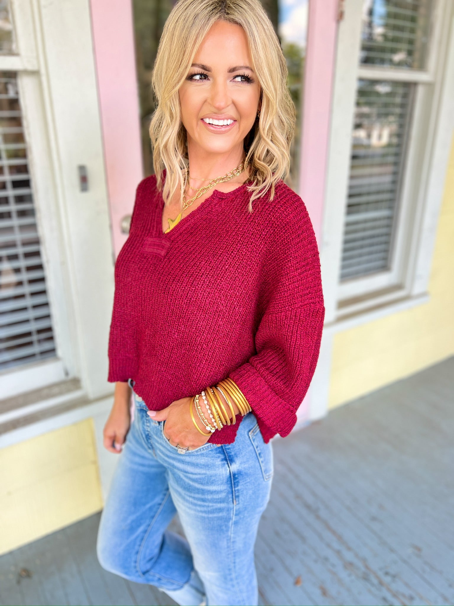 Speak Up Split Neck Sweater - Cabernet