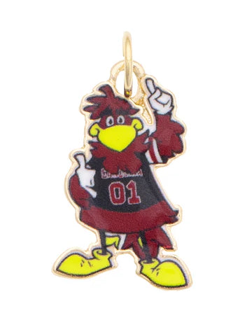 Enamel mascot charm with maroon rooster in jersey, number 01, yellow shoes, gold bail