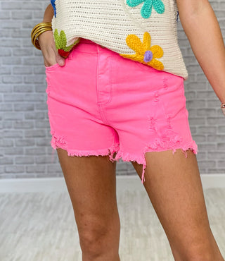 Risen High Rise Distressed Detail Shorts - Hot Pink