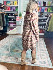 Unmistakably You Geo Floral Shift Dress - Burgundy
