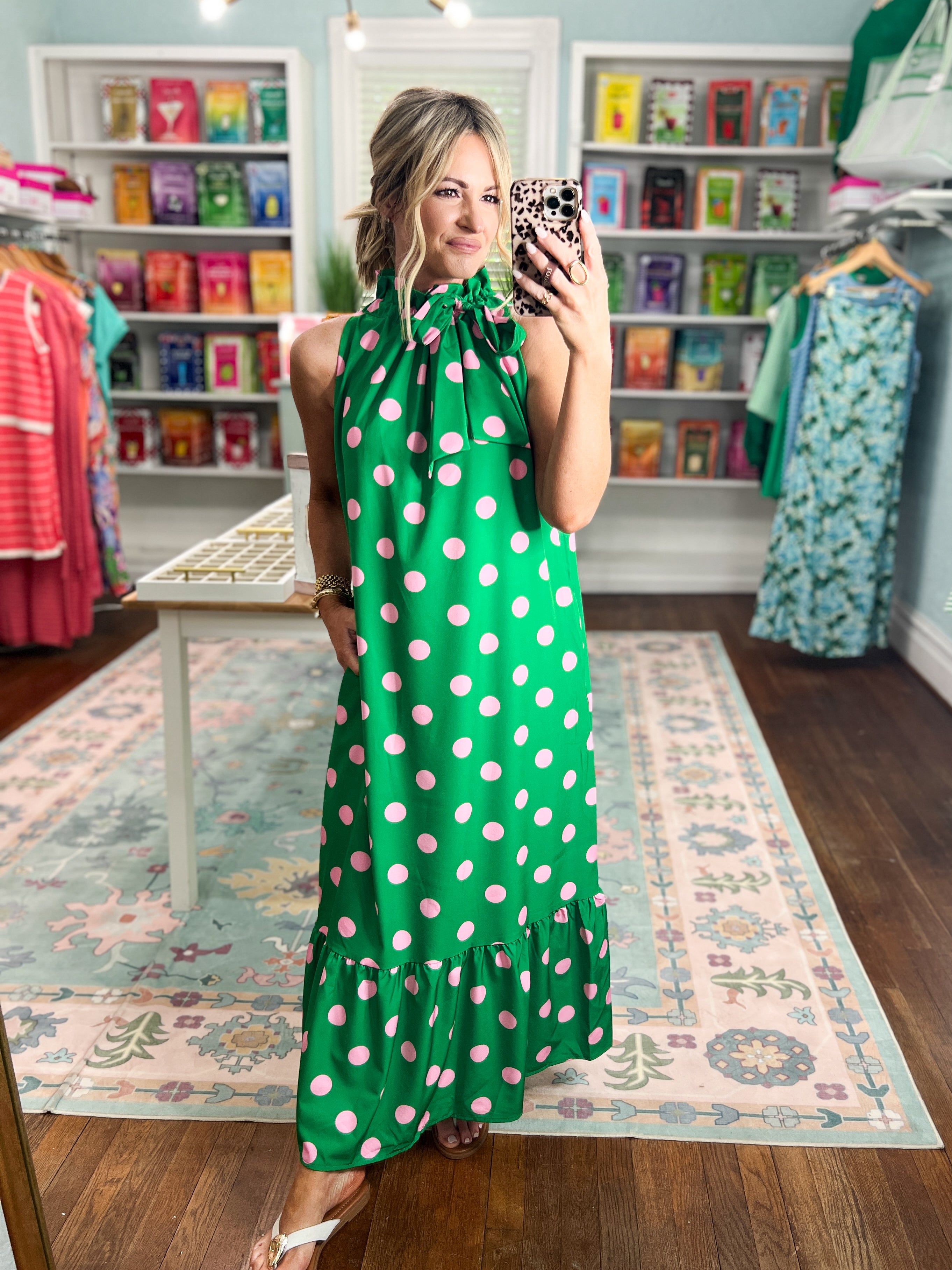 Pretty in Polka Maxi Dress - Green/Pink