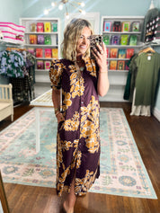 Golden Petals Floral Print Midi Dress