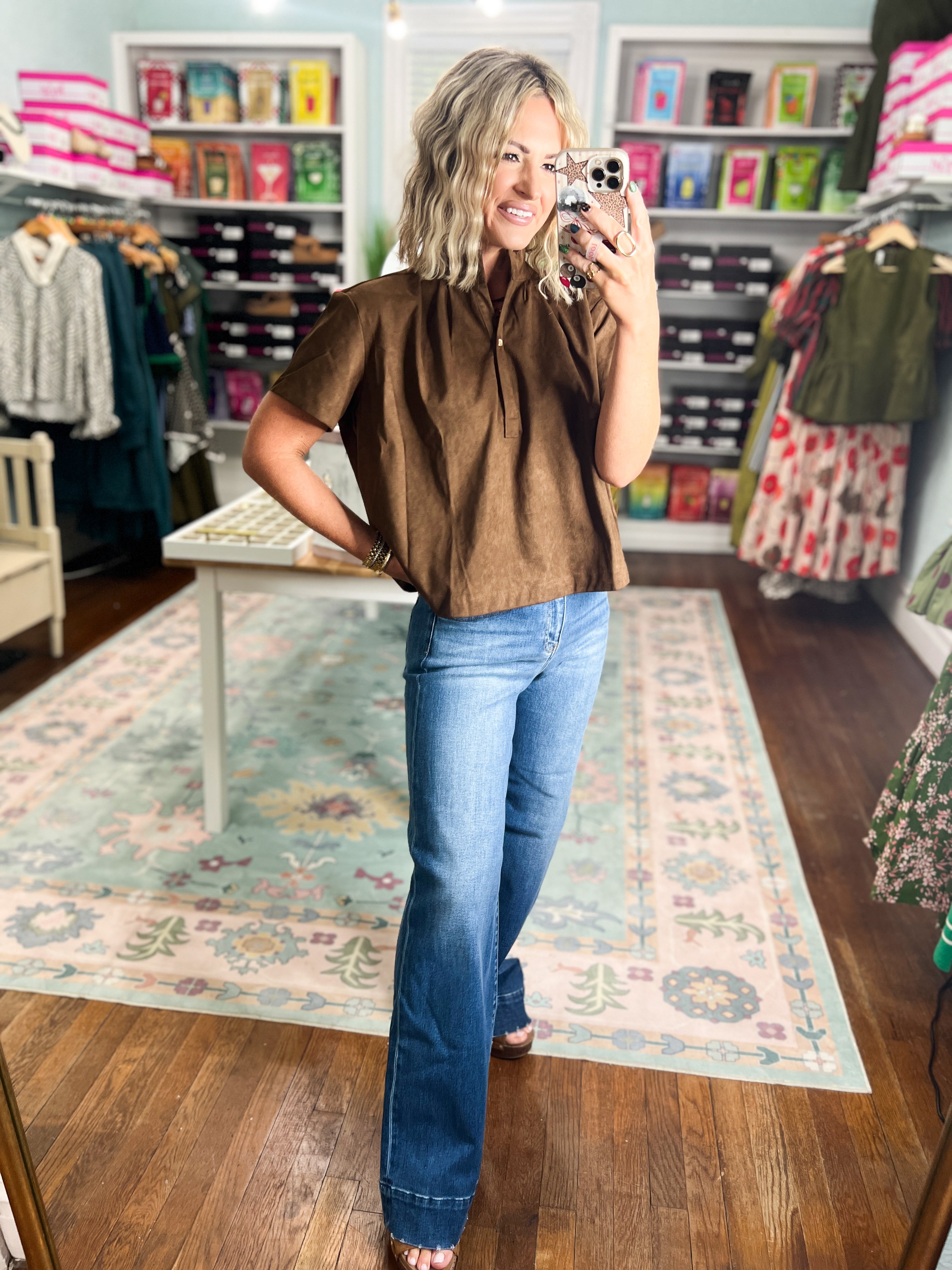 Gentle Ways Stand Collar Top - Brown