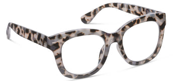 Gray tortoise leopard eyeglass frames with clear lenses, angled view