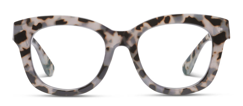 Gray tortoise leopard eyeglass frames with clear lenses, front view