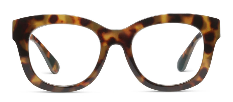 Tortoise patterned eyeglass frames, front view with thick temples