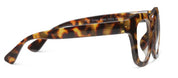 Tortoise patterned eyeglass frames, side view with curved temple