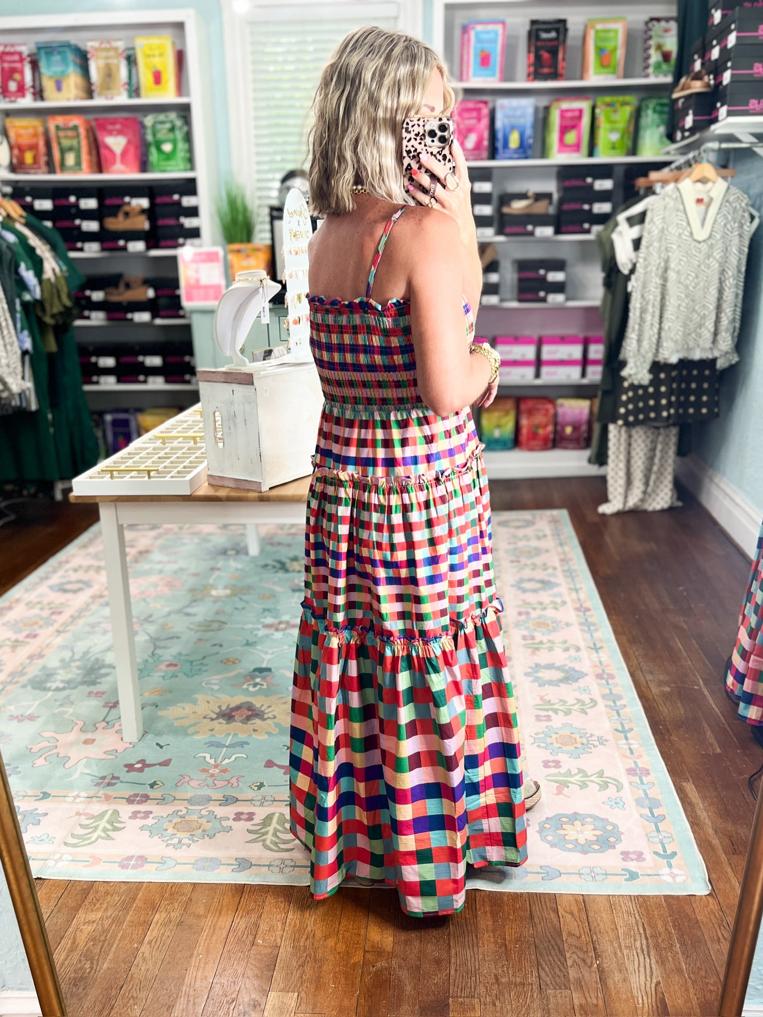 Multicolor plaid tiered maxi dress with smocked bodice and thin back straps