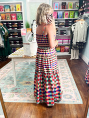 Multicolor plaid tiered maxi dress with smocked bodice and thin back straps
