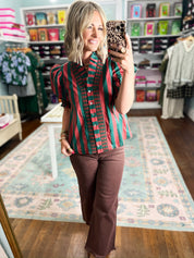 Green and rust striped button-up blouse with short puff sleeves