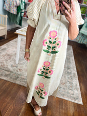 Bloom Bright Striped Midi Dress - Oatmeal