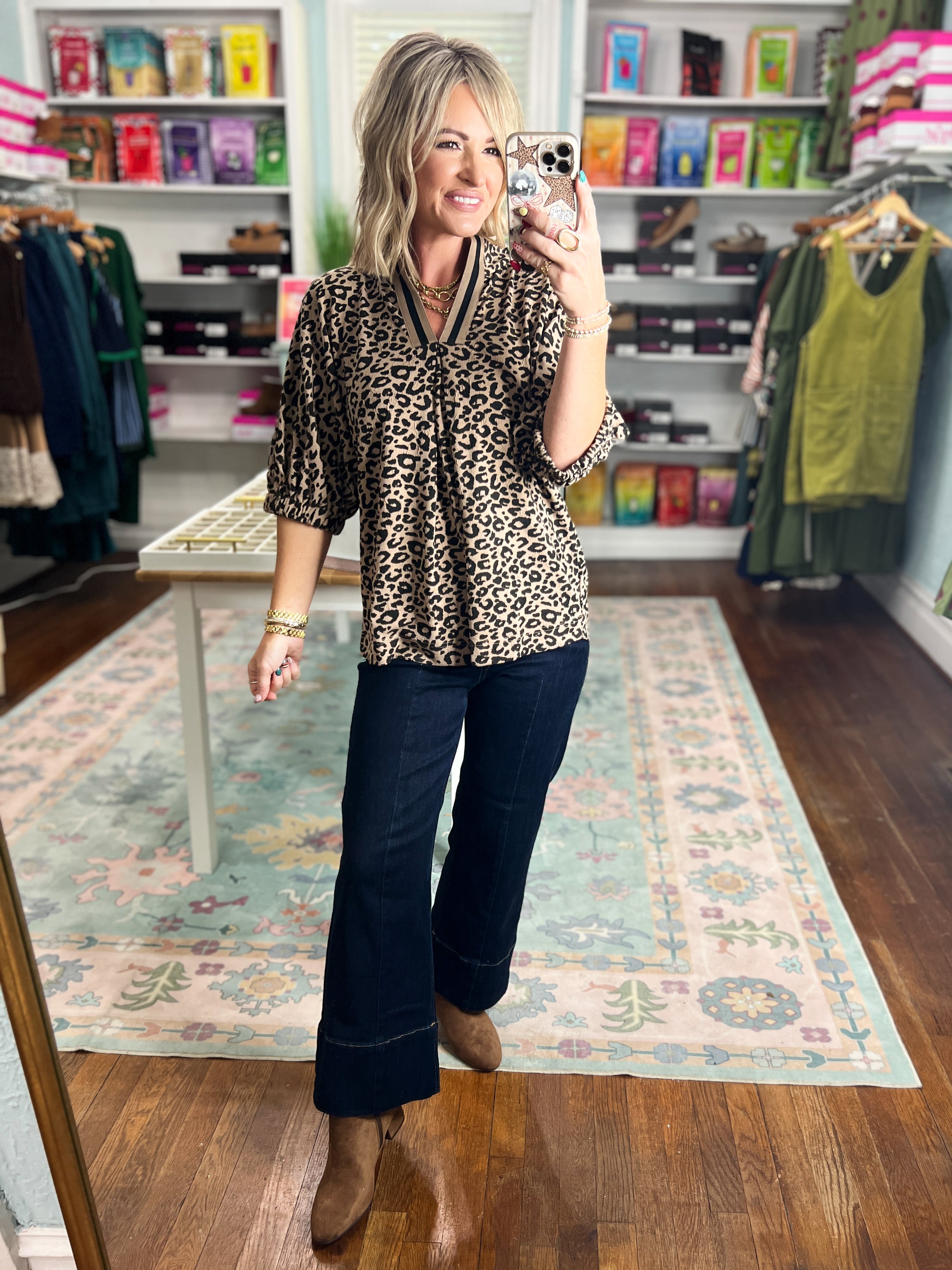Taupe leopard print pleated blouse top with V-neck and short puff sleeves