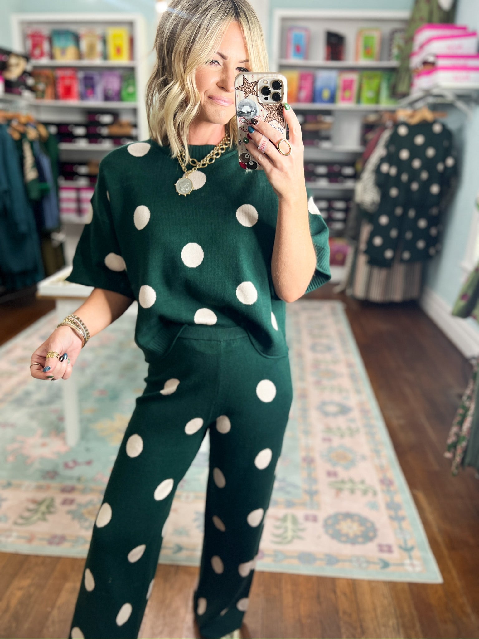 Hunter green polka dot sweater top and pants set, front view