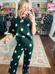 Hunter green polka dot sweater top and pants set, front view