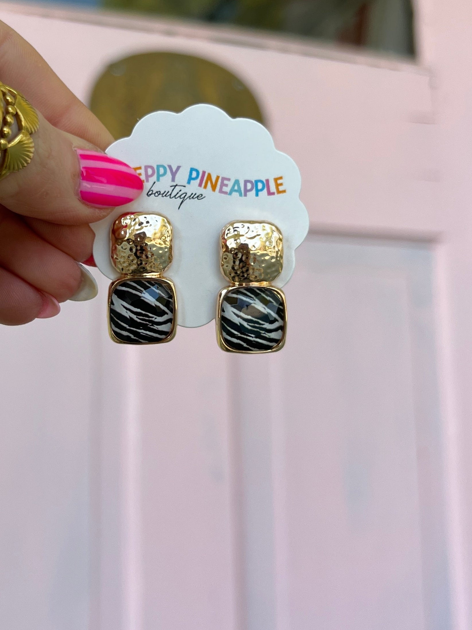 Animal Pattern Faceted Stud Earrings - Zebra/Gold