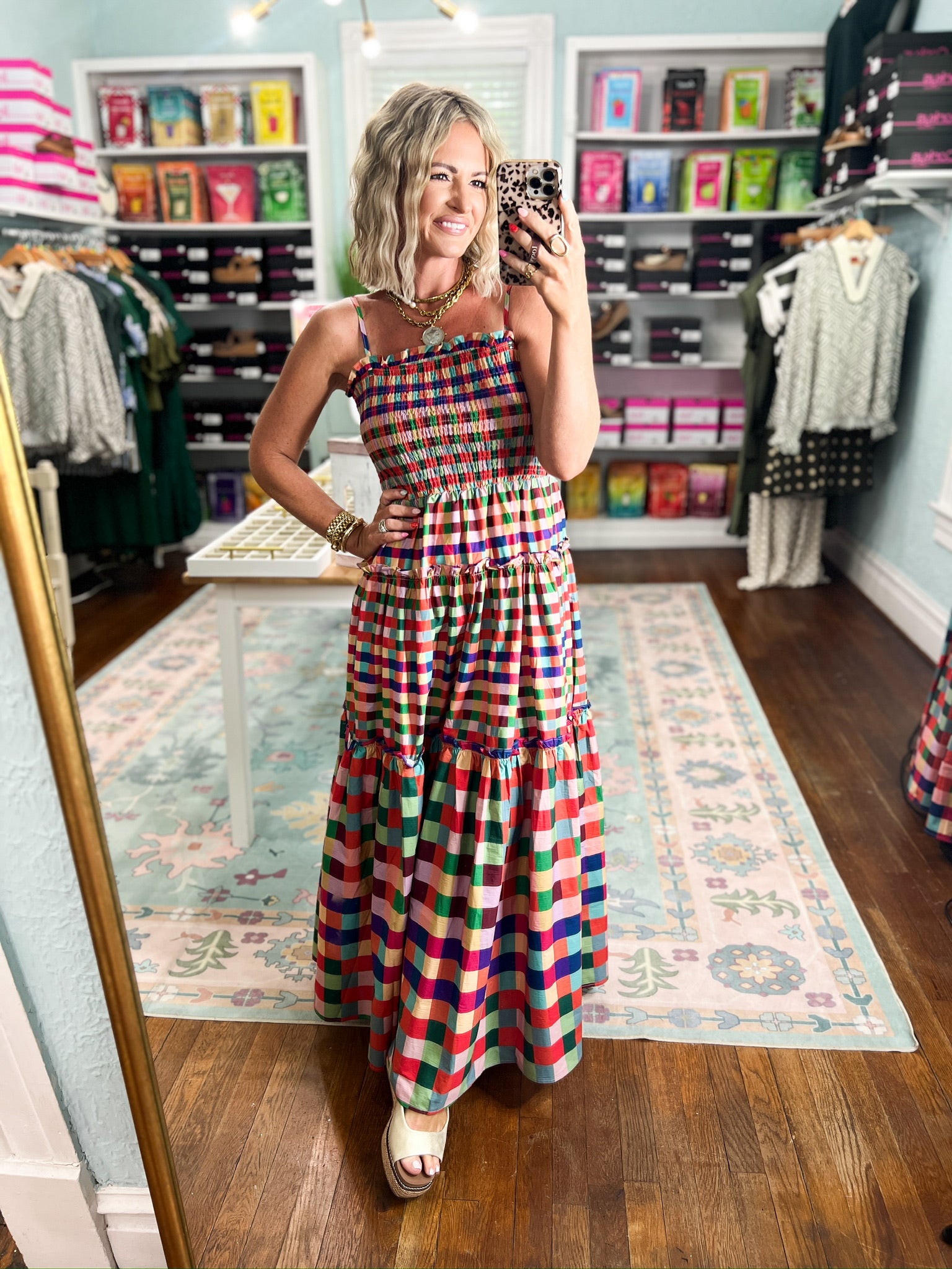 Multicolor plaid tiered maxi dress with square neckline and layered ruffle hem