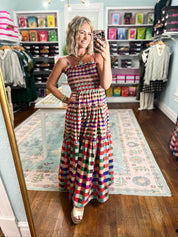 Multicolor plaid tiered maxi dress with square neckline and layered ruffle hem