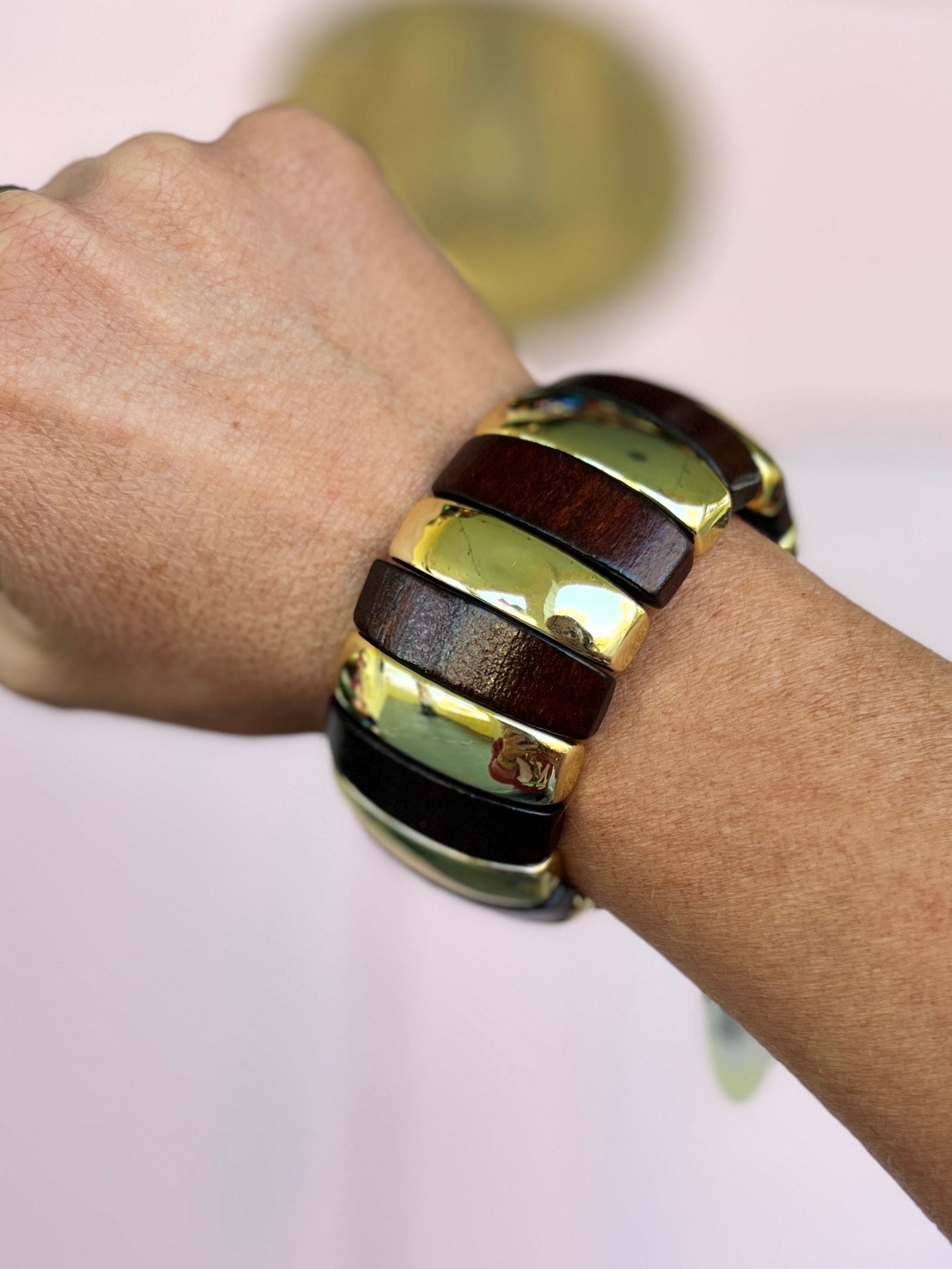 Wood and Metal Bar Linked Bracelet