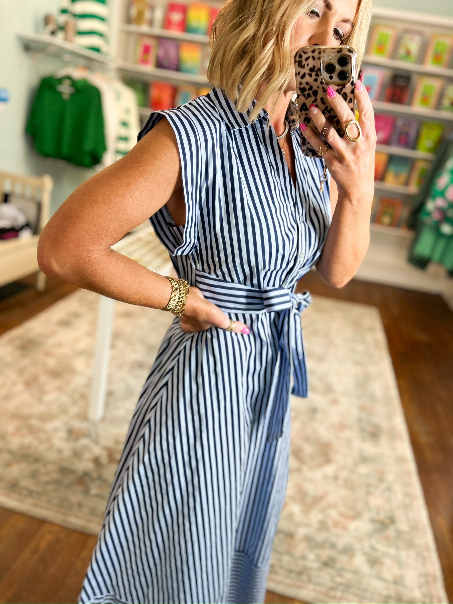 Let's Meet Later Striped Midi Dress - Navy