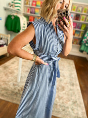 Let's Meet Later Striped Midi Dress - Navy