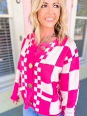 Checking It all Out Sweater Cardigan - Hot Pink/Cream
