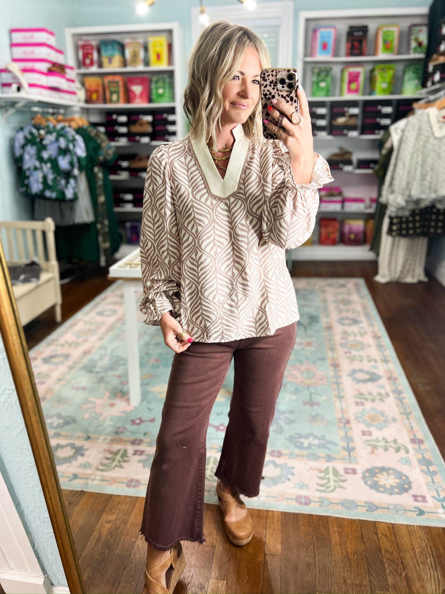 Autumn Whisper Botanical Puff Blouse - Mocha