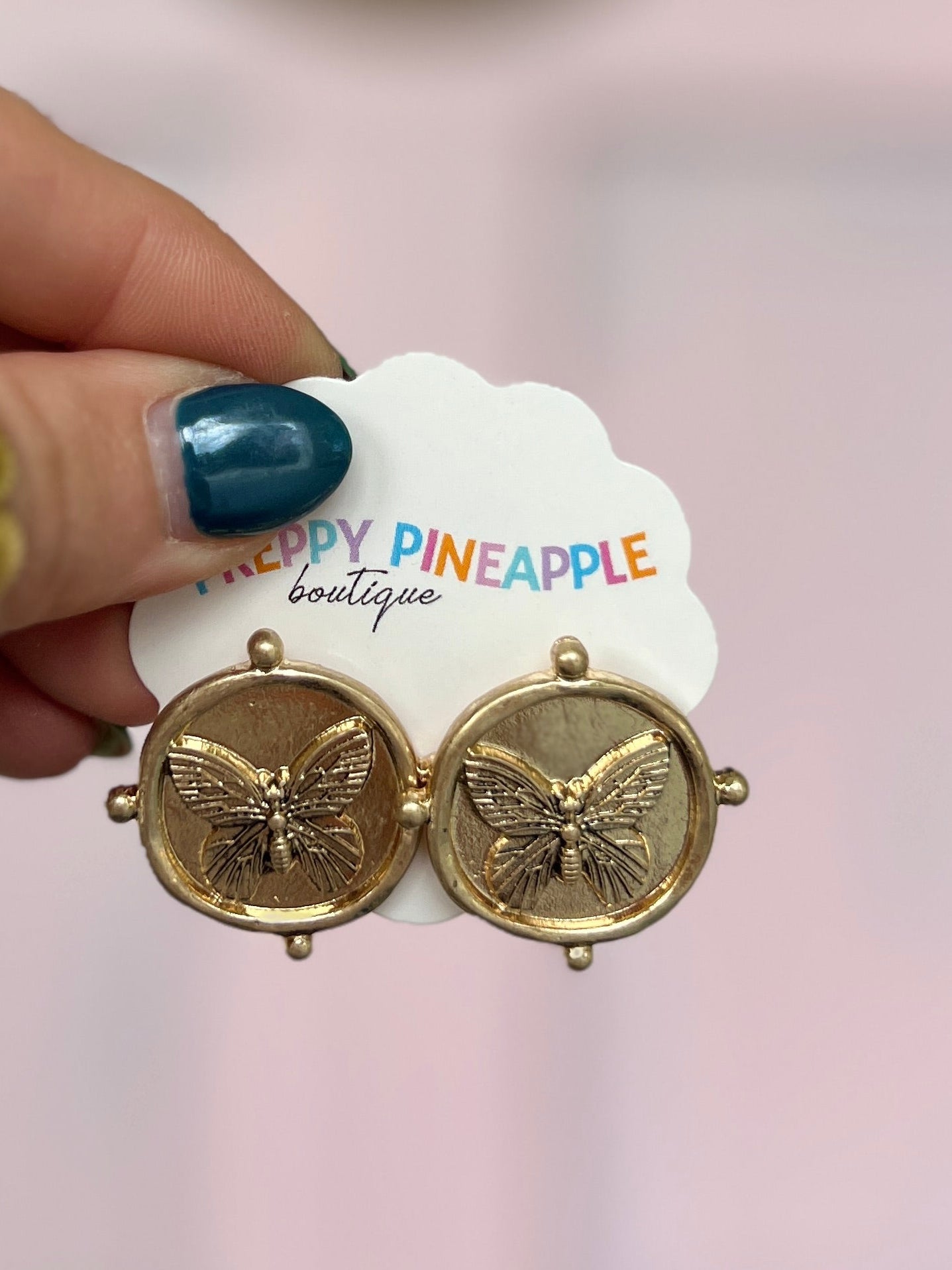 Gold coin textured butterfly earrings with small stud backings