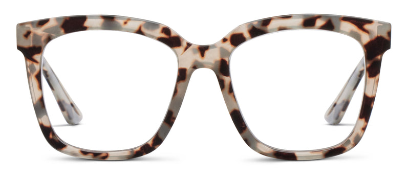 Front view gray tortoise eyeglasses with clear lenses and thick rectangular frame