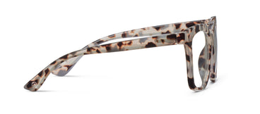 Side view gray tortoise eyeglasses with clear rectangular lenses and metal hinge