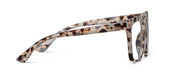 Side view gray tortoise eyeglasses with clear rectangular lenses and metal hinge