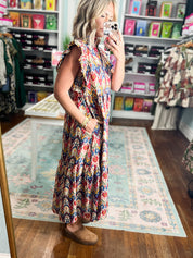 Multicolor tiered midi dress, round neckline, short ruffled sleeves, geometric print