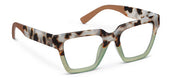 Tortoise eyeglasses with green-tinted lenses, brown temples and nose bridge