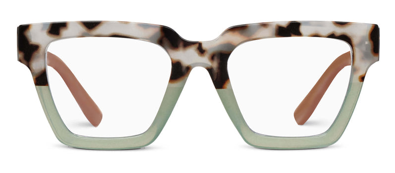 Tortoise eyeglasses front view with green-tinted lenses and squared shape