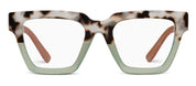 Tortoise eyeglasses front view with green-tinted lenses and squared shape