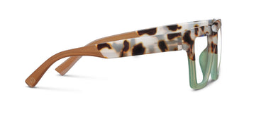 Tortoise eyeglasses side view with green-tinted lenses, brown frame and green hinges