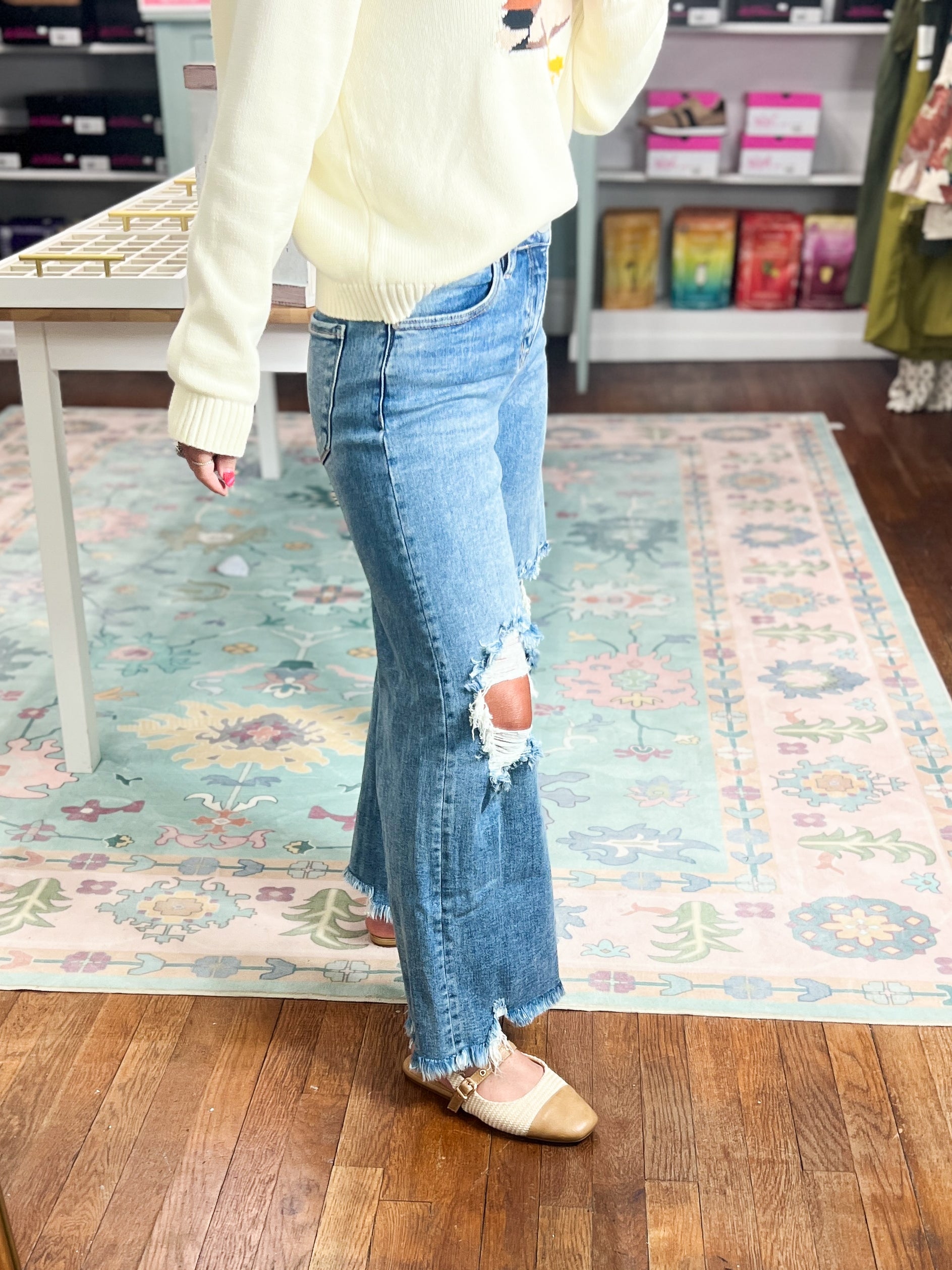 Risen|High Rise Crop Wide Distressed Jeans - Medium Wash