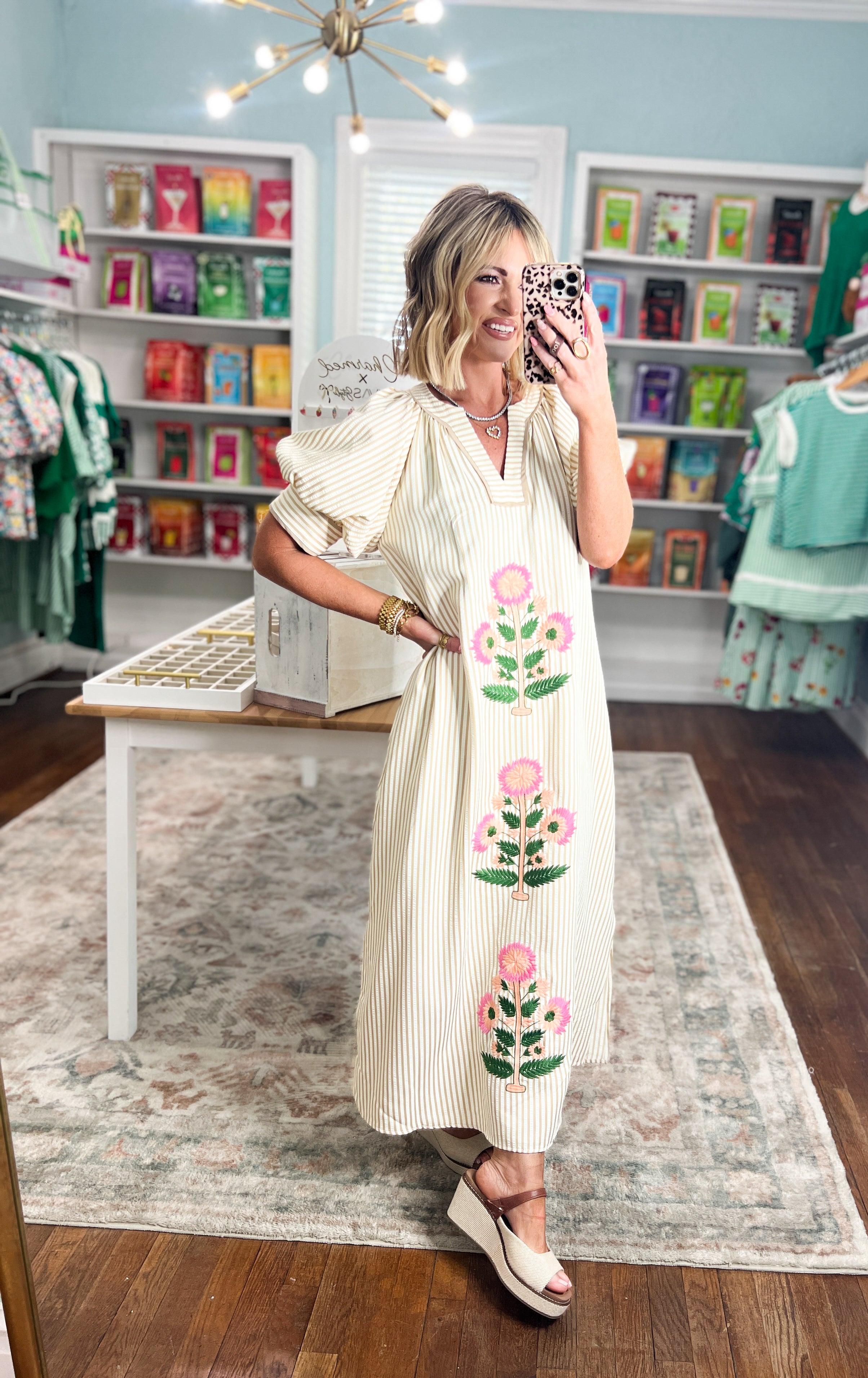 Bloom Bright Striped Midi Dress - Oatmeal