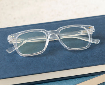 Peepers clear eyeglass frames with +1.50 lenses, transparent square front