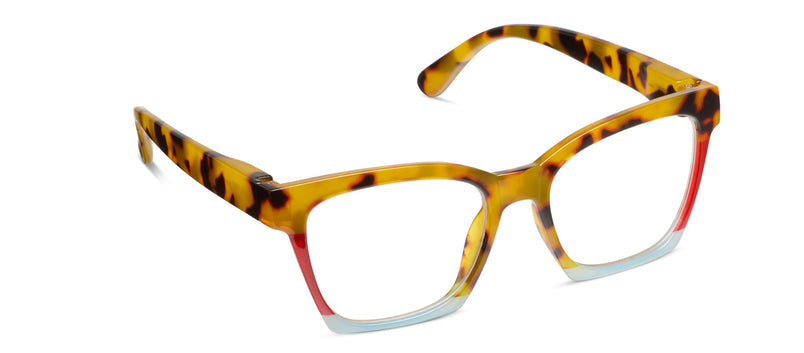 Tortoise colorblock eyeglass frames with red-tinted arms and clear rectangular lenses