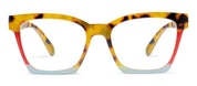 Front view tortoise colorblock eyeglass frames with red-tinted temple ends and clear lenses