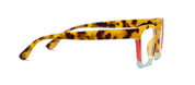 Side view tortoise colorblock eyeglass frames with red-tinted inner arms and clear lenses