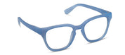 Light blue full-rim eyeglasses with clear lenses and curved temples