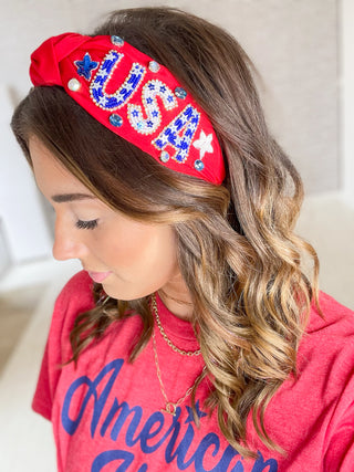 Patriotic "USA" Beaded Headband - Red