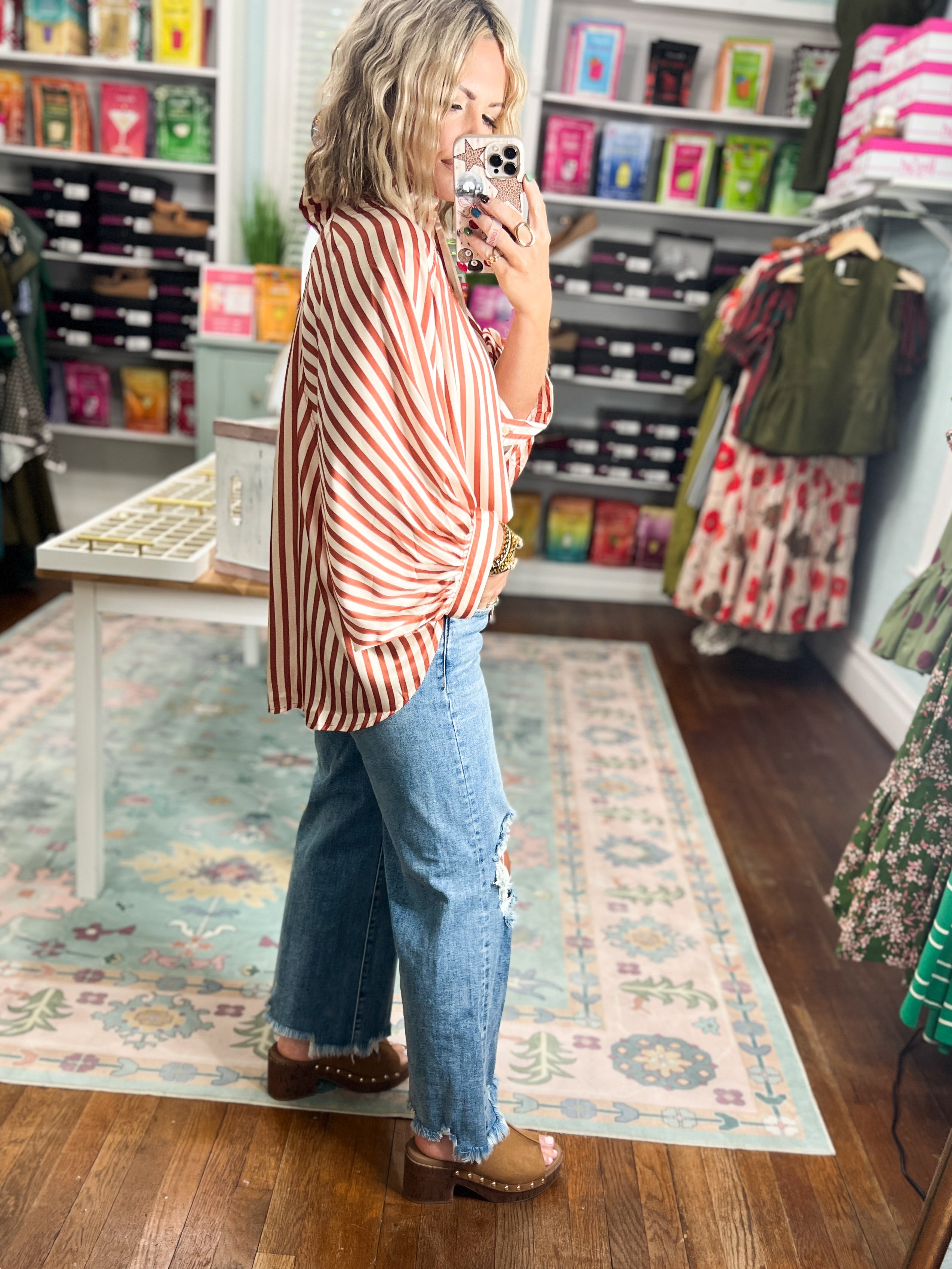 Striped and Styled Button Down Top - Camel