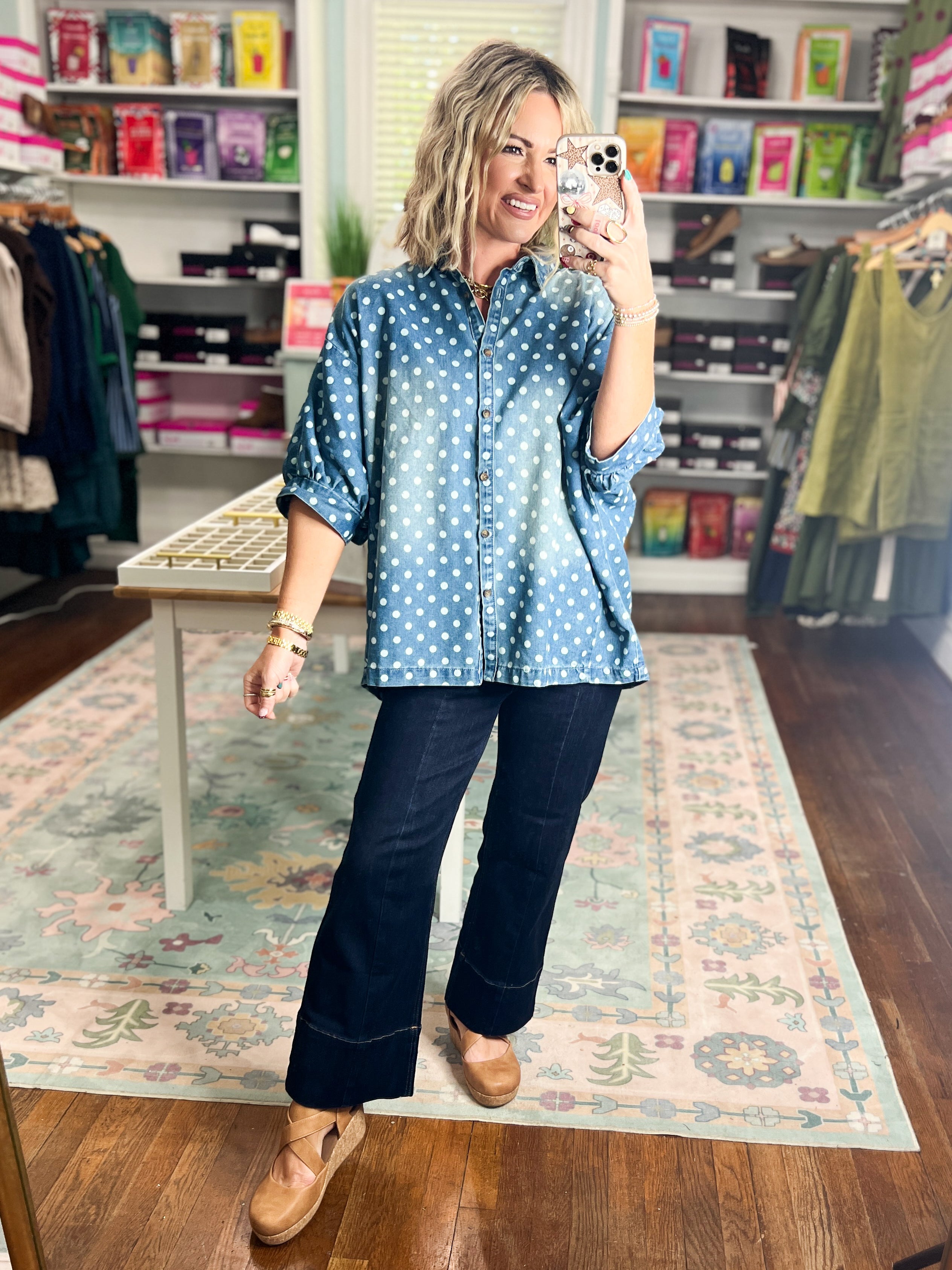 Light blue polka-dot denim button-front shirt, short sleeves, collared neckline