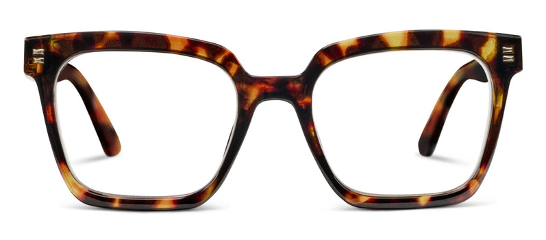 Tortoise square eyeglasses, front view with clear lenses and dark amber pattern