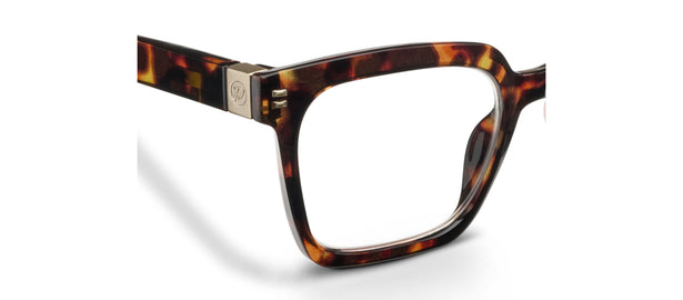 Tortoise square eyeglasses side view, temple and frame corner detail visible