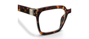 Tortoise square eyeglasses side view, temple and frame corner detail visible