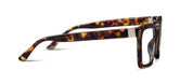 Tortoise eyeglasses profile view, slim temples and curved arm end detail