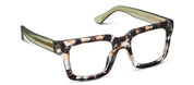 Tortoise-pattern eyeglasses with green temple tips and rectangular square frames